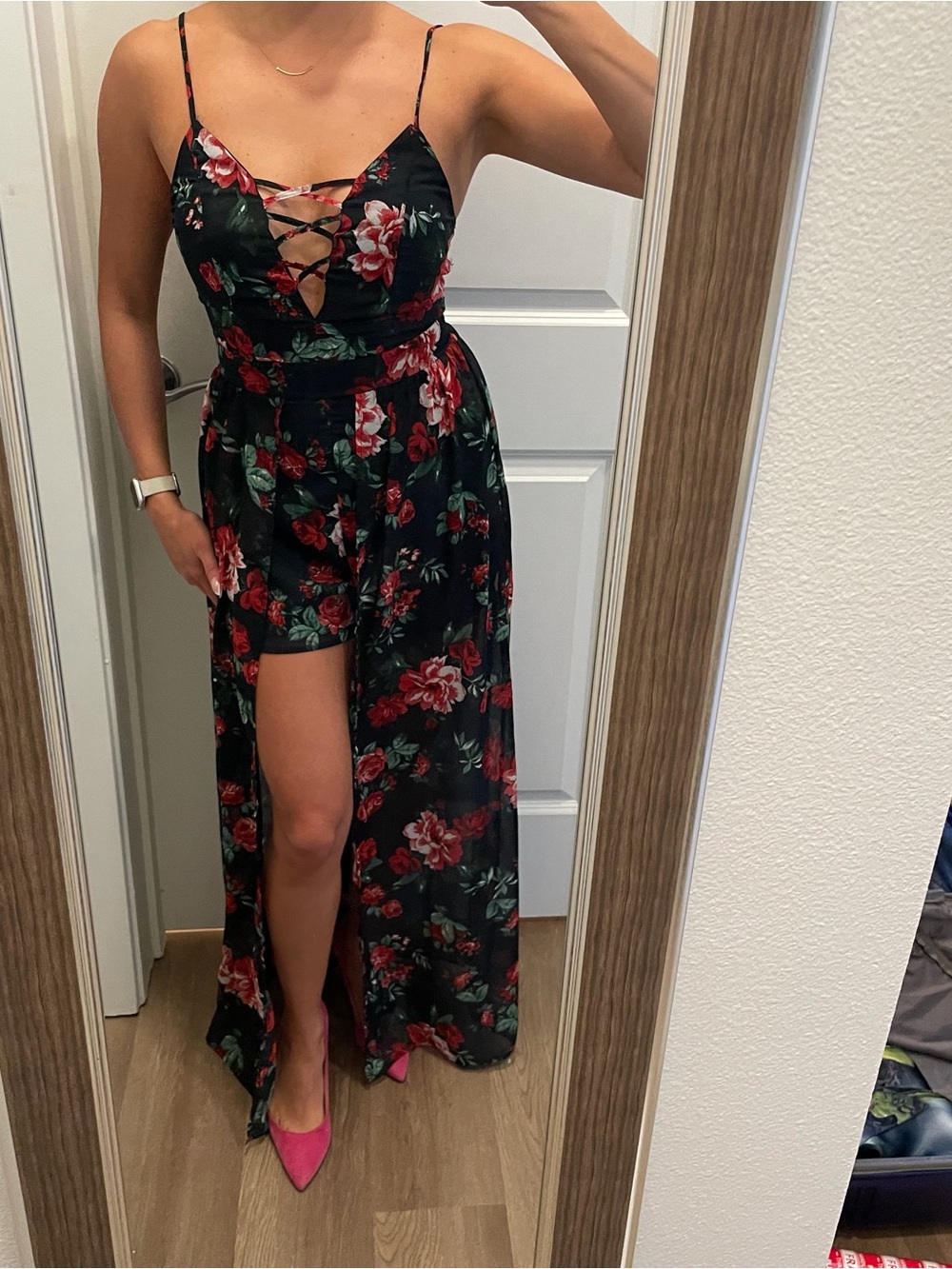 Anthropologie Black Floral Lace-Up Maxi Dress with Romper Underlay